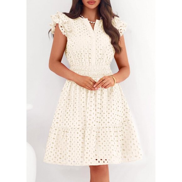 Women's Beige V Neck Eyelet Cap Sleeve Summer Beach Vacation Sundresseses - Picture 2 of 8